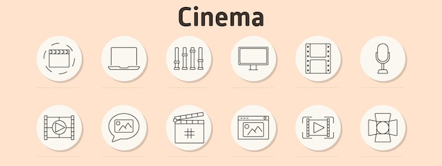 Icono de producción de cine Clapperboard portátil ecualizador pantalla película carrete micrófono video storyboard producción sitio web centro de atención medios