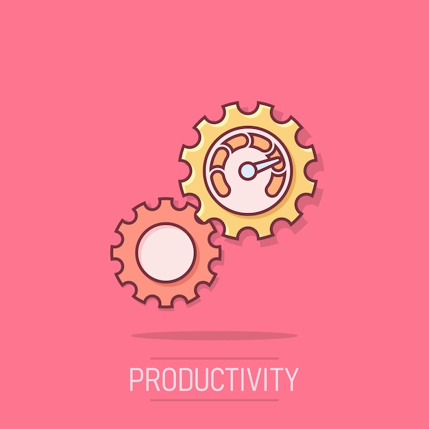 Icono de productividad en estilo cómico Ilustración de vector de dibujos animados de estrategia de proceso sobre fondo aislado Concepto de negocio de signo de efecto de salpicadura de análisis de SEO