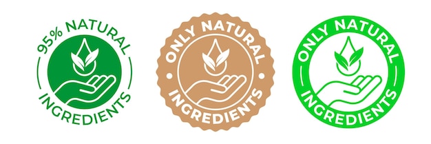 Vector icono de producto de ingredientes naturales logotipo de bio vector orgánico verde con hoja de mano y gota 95 por ciento de ingredientes naturales sello de etiqueta ecológica pura para paquete de productos sin omg y sin certificado de parabenos