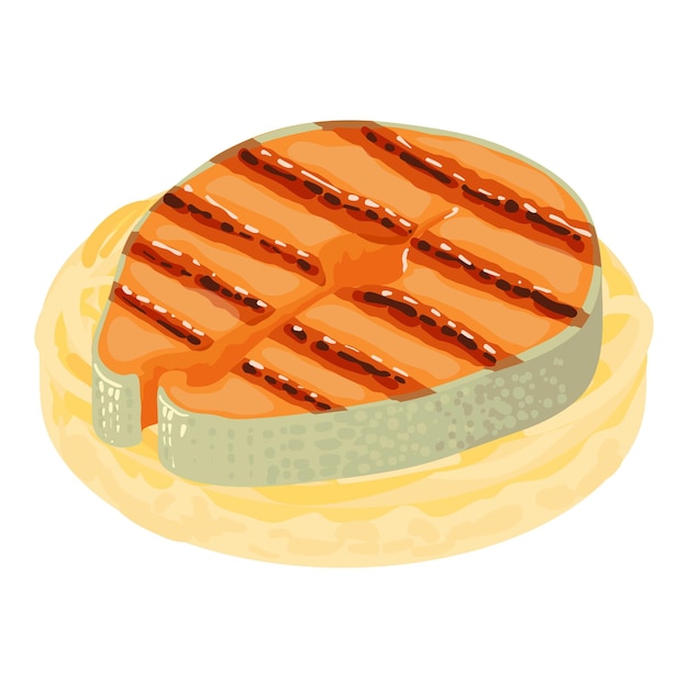 Icono de producto pesquero vector isométrico Gran trozo de pescado rojo frito en icono de filete Producto proteico comida saludable