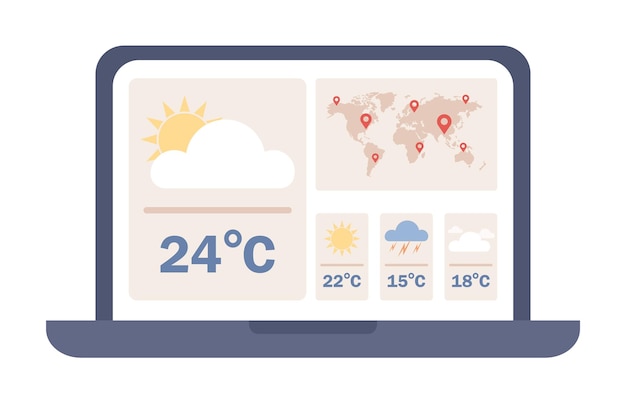 Icono de pronóstico del tiempo. laptop con sitio web meteorológico. temperatura diaria. día nublado, lluvioso y soleado