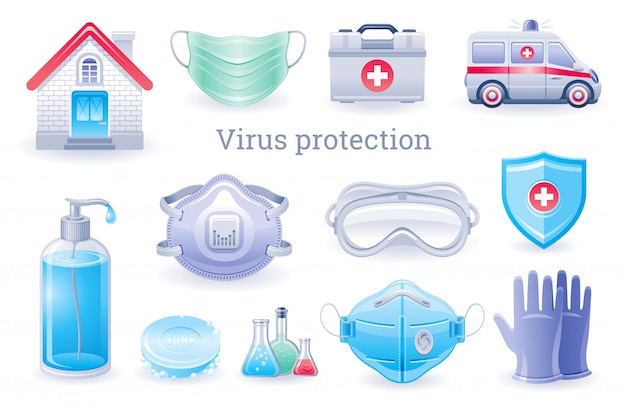 Icono de protección antivirus. colección de prevención covid del virus corona, conjunto de elementos médicos ppe.