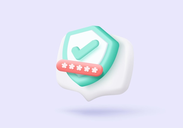 Icono de protección de escudo 3D con marca de comprobación para el concepto de seguridad de pago en línea Marca de comprobación correcta en estilo minimalista Icono de garantía de calidad 3D Ilustración de renderización vectorial