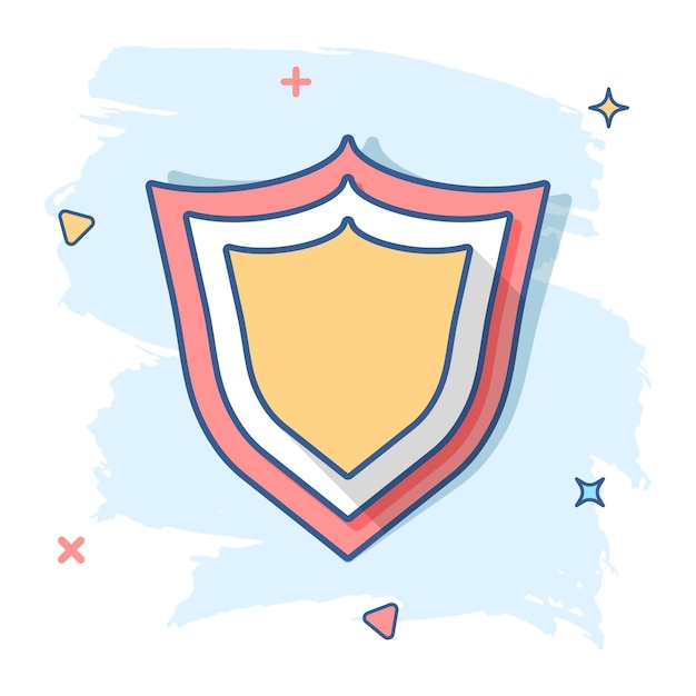 Icono de protección de escudo de dibujos animados vectoriales en estilo cómico Proteger el pictograma de ilustración de signo Concepto de efecto de salpicadura de negocio de defensa