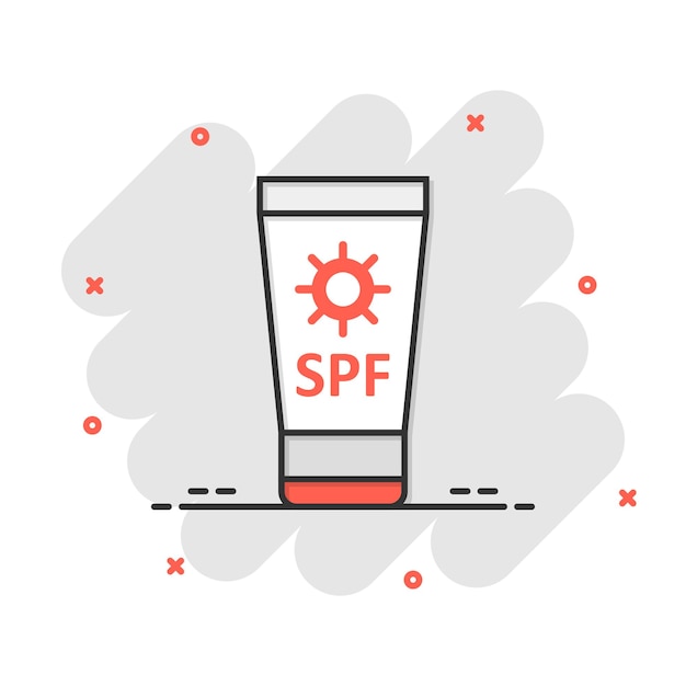 Icono de protección solar en estilo cómico ilustración de vector de dibujos animados de crema de bloqueador solar sobre fondo blanco aislado concepto de negocio de efecto de salpicadura de cuidado spf