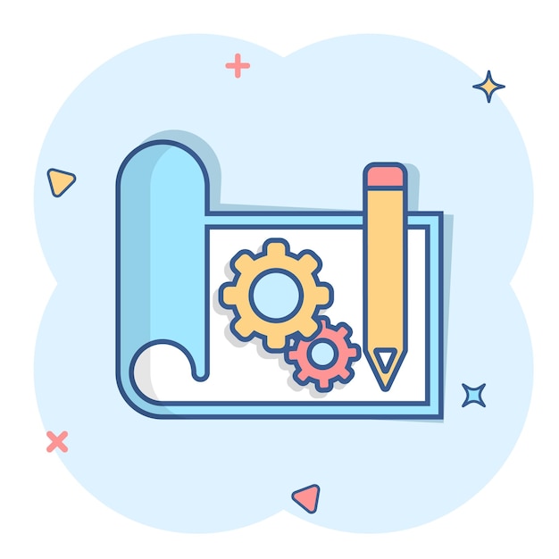 Icono de prototipo en estilo cómico Ilustración vectorial de dibujos animados de inicio en fondo blanco aislado Desarrollo de modelo Efecto de salpicaduras Concepto de negocio