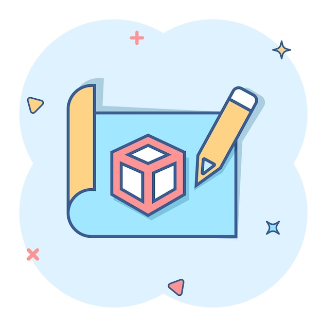 Icono de prototipo en estilo cómico Ilustración vectorial de dibujos animados de inicio en fondo blanco aislado Desarrollo de modelo Efecto de salpicaduras Concepto de negocio