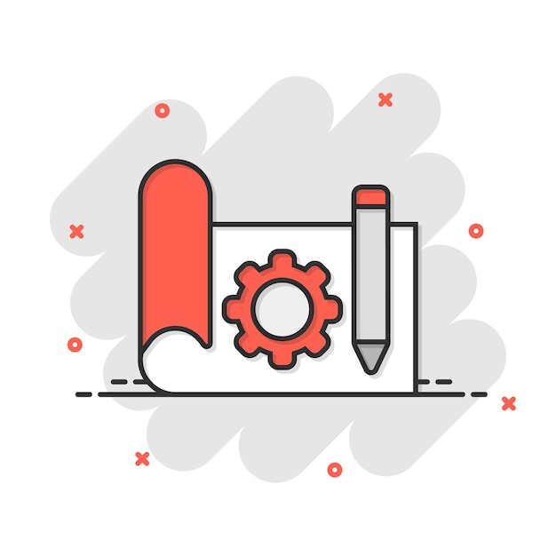 Icono de prototipo en estilo cómico Ilustración vectorial de dibujos animados de inicio en fondo blanco aislado Desarrollo de modelo Efecto de salpicaduras Concepto de negocio