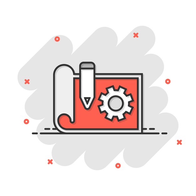 Icono de prototipo en estilo cómico Ilustración vectorial de dibujos animados de inicio en fondo blanco aislado Desarrollo de modelo Efecto de salpicaduras Concepto de negocio