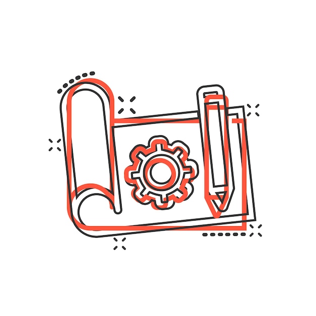 Icono de prototipo en estilo cómico Ilustración vectorial de dibujos animados de inicio en fondo blanco aislado Desarrollo de modelo Efecto de salpicaduras Concepto de negocio