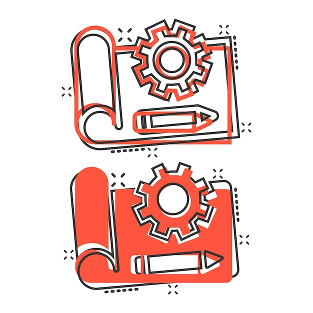 Icono de prototipo en estilo cómico Ilustración vectorial de dibujos animados de inicio en fondo blanco aislado Desarrollo de modelo Efecto de salpicaduras Concepto de negocio