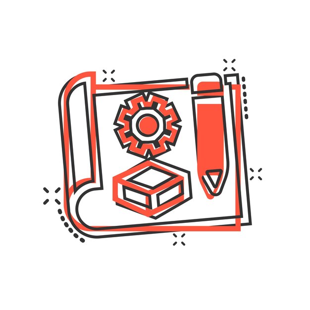 Icono de prototipo en estilo cómico Ilustración vectorial de dibujos animados de inicio en fondo blanco aislado Desarrollo de modelo Efecto de salpicaduras Concepto de negocio
