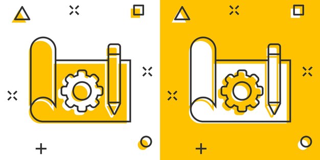 Icono de prototipo en estilo cómico Ilustración vectorial de dibujos animados de inicio en fondo blanco aislado Desarrollo de modelo Efecto de salpicaduras Concepto de negocio