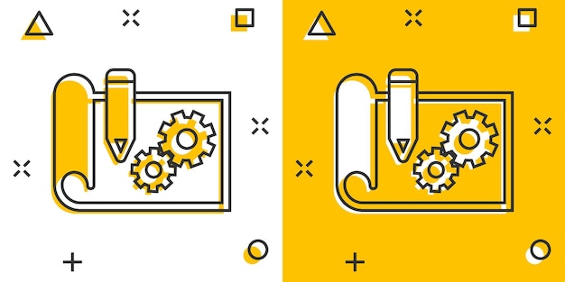 Icono de prototipo en estilo cómico Ilustración vectorial de dibujos animados de inicio en fondo blanco aislado Desarrollo de modelo Efecto de salpicaduras Concepto de negocio