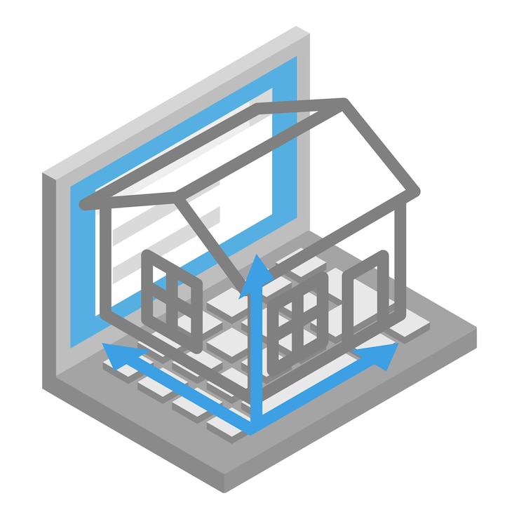 Vector icono de proyecto de construcción vector isométrico proyección abierta de portátil y casa tecnología de diseño de desarrollo de ingeniería