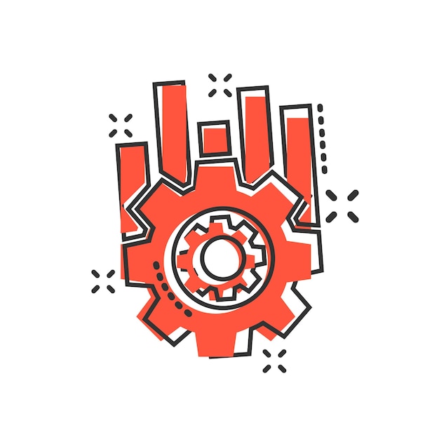 Icono de proyecto de operación en estilo cómic Ilustración de dibujos animados de vector de proceso de engranaje sobre fondo blanco aislado Tecnología producir efecto de salpicadura de concepto de negocio