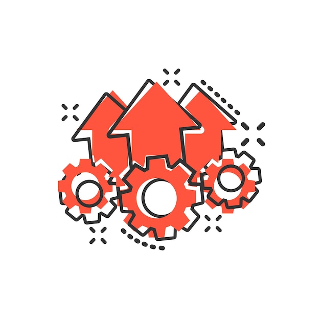 Icono de proyecto de operación en estilo cómic Ilustración de dibujos animados de vector de proceso de engranaje sobre fondo blanco aislado Tecnología producir efecto de salpicadura de concepto de negocio