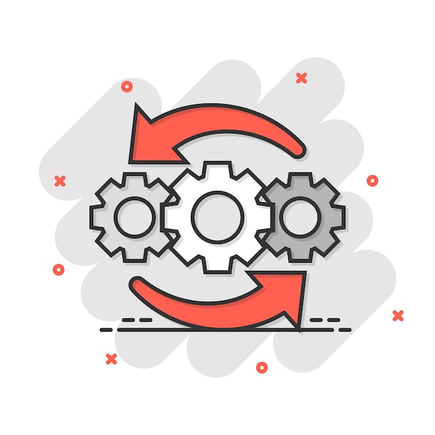 Icono de proyecto de operación en estilo cómico Ilustración de dibujos animados de vector de proceso de engranaje sobre fondo blanco aislado Tecnología produce efecto de salpicadura de concepto de negocio