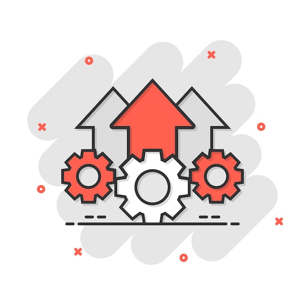 Icono de proyecto de operación en estilo cómico Ilustración de dibujos animados de vector de proceso de engranaje sobre fondo blanco aislado Tecnología produce efecto de salpicadura de concepto de negocio