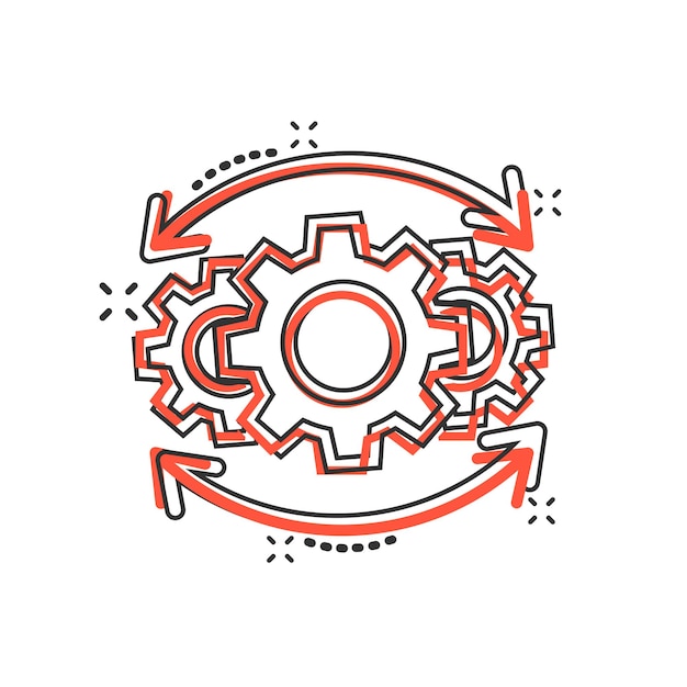 Icono de proyecto de operación en estilo cómico Ilustración de dibujos animados de vector de proceso de engranaje sobre fondo blanco aislado Tecnología produce efecto de salpicadura de concepto de negocio