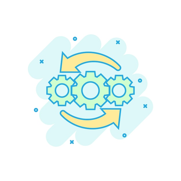 Icono de proyecto de operación en estilo cómico Ilustración de dibujos animados de vector de proceso de engranaje sobre fondo blanco aislado Tecnología produce efecto de salpicadura de concepto de negocio