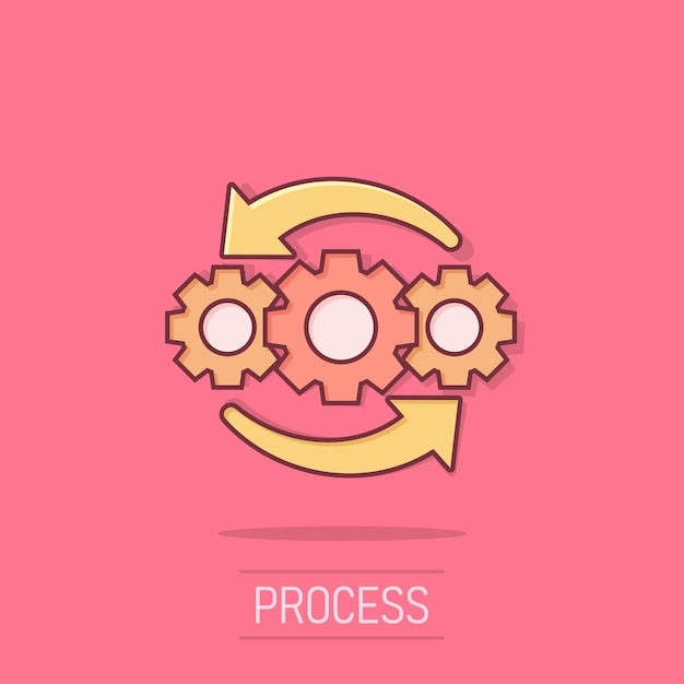 Icono de proyecto de operación en estilo cómico Ilustración de dibujos animados de vector de proceso de engranaje sobre fondo blanco aislado Tecnología produce efecto de salpicadura de concepto de negocio