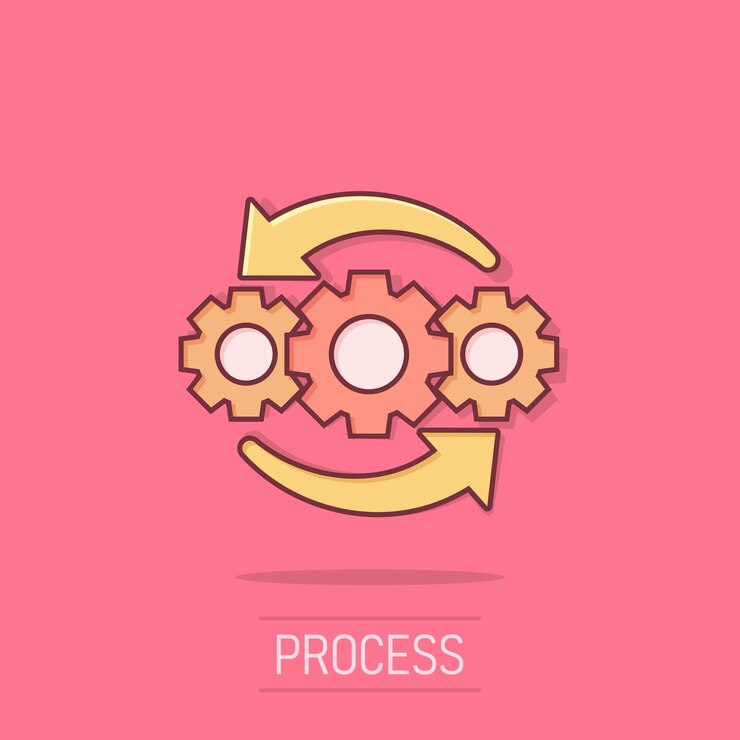 Vector icono de proyecto de operación en estilo cómico ilustración de dibujos animados de vector de proceso de engranaje sobre fondo blanco aislado tecnología produce efecto de salpicadura de concepto de negocio
