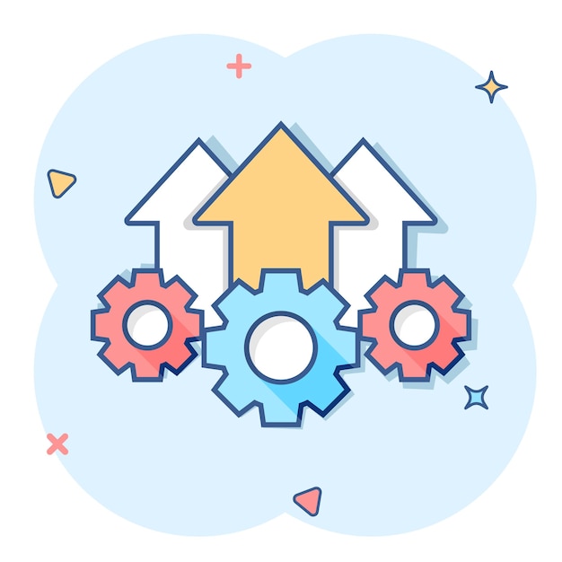 Icono de proyecto de operación en estilo cómico Ilustración de dibujos animados de vector de proceso de engranaje sobre fondo blanco aislado Tecnología produce efecto de salpicadura de concepto de negocio