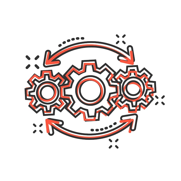 Icono de proyecto de operación en estilo cómico Ilustración de dibujos animados de vector de proceso de engranaje sobre fondo blanco aislado Tecnología produce efecto de salpicadura de concepto de negocio