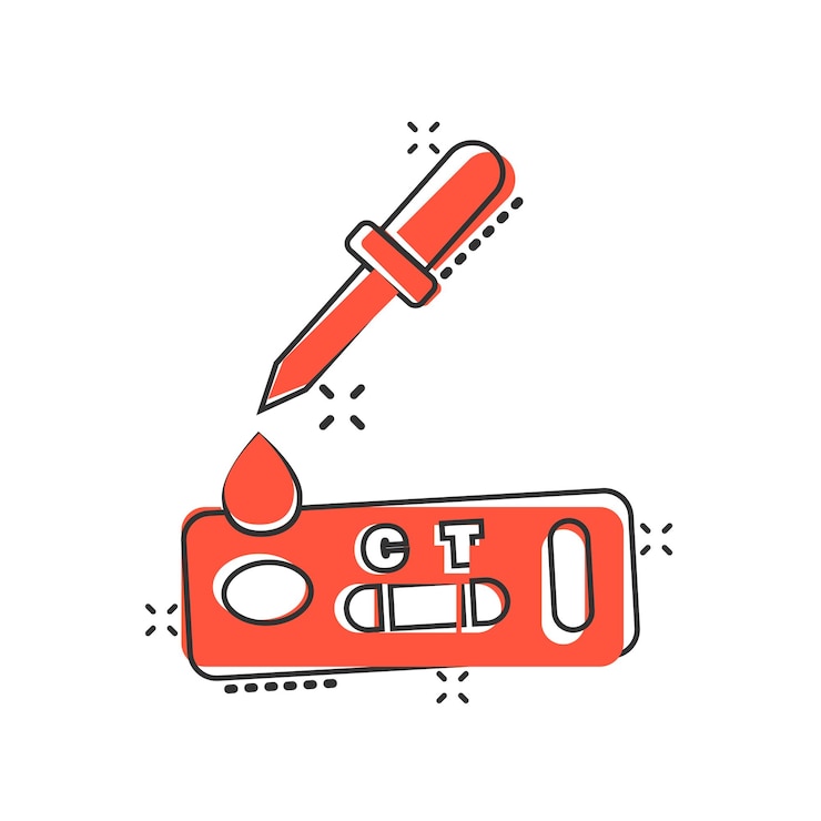 Vector icono de prueba de coronavirus en estilo cómico covid19 ilustración vectorial de dibujos animados sobre fondo aislado concepto de negocio de signo de efecto de salpicadura de diagnóstico médico