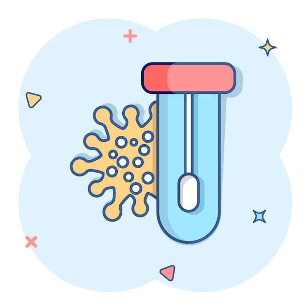 Icono de prueba de coronavirus en estilo cómico covid19 ilustración vectorial de dibujos animados sobre fondo aislado concepto de negocio de signo de efecto de salpicadura de diagnóstico médico