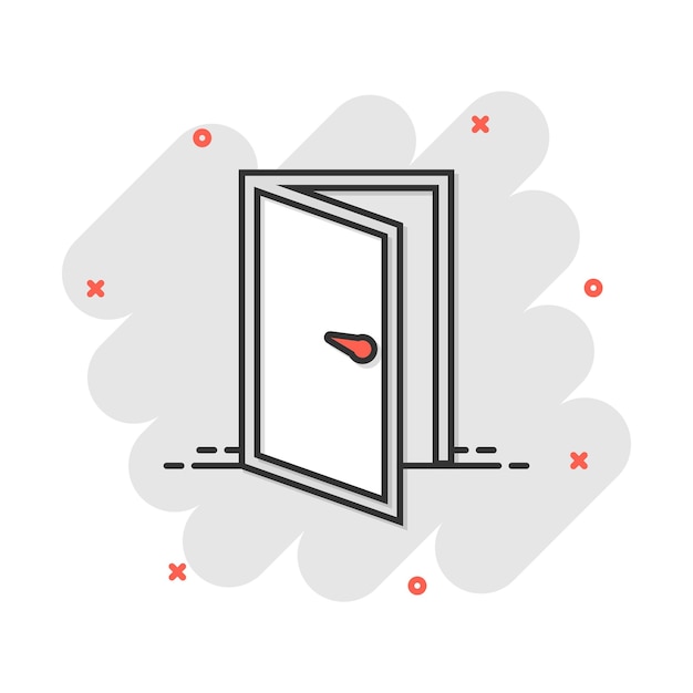 Icono de puerta de dibujos animados de vector en estilo cómic Pictograma de ilustración de signo de salida Concepto de efecto de salpicadura de negocio de puerta abierta