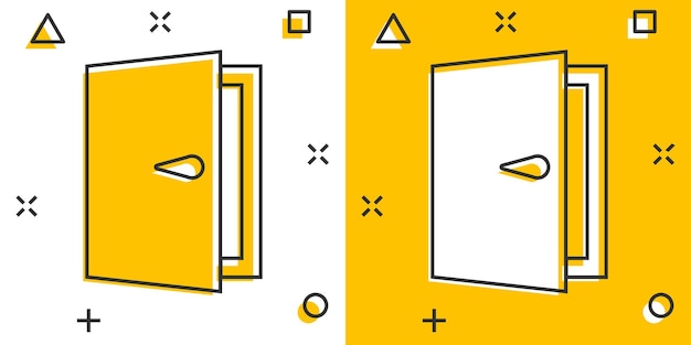Icono de puerta de dibujos animados de vector en estilo cómic Pictograma de ilustración de signo de salida Concepto de efecto de salpicadura de negocio de puerta abierta