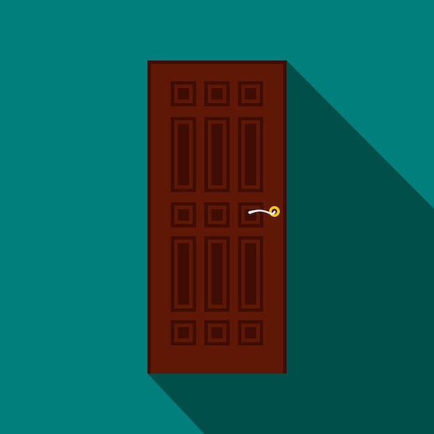 Icono de puerta marrón en estilo plano sobre un fondo azul