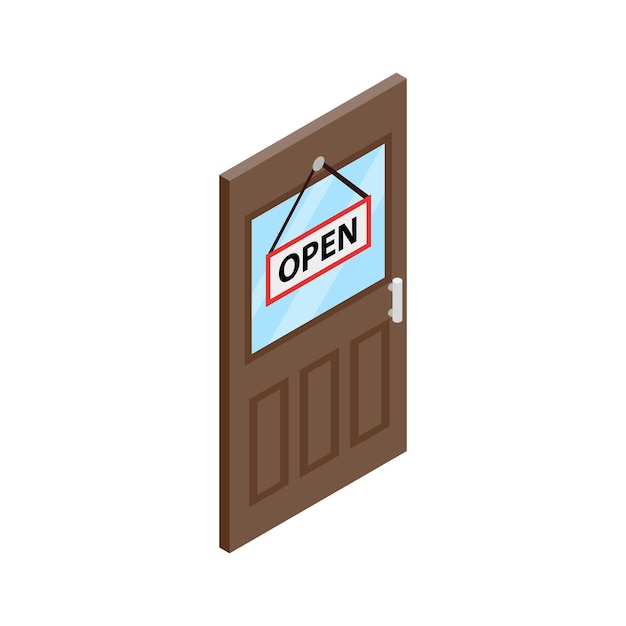 Icono de puerta de tienda en estilo isométrico 3d aislado sobre fondo blanco Puerta de tienda con vidrio y cartel colgante abierto
