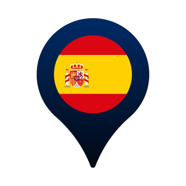 Icono de puntero de bandera y mapa de españa. diseño de vector de icono de ubicación de bandera nacional, pin de localizador gps. ilustración vectorial