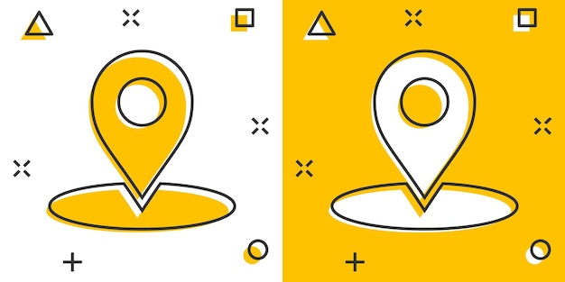 Icono de puntero de mapa de dibujos animados vectoriales en estilo cómico Pictograma de ilustración de marca de navegación GPS Concepto de efecto de salpicadura de negocio de destino de puntero