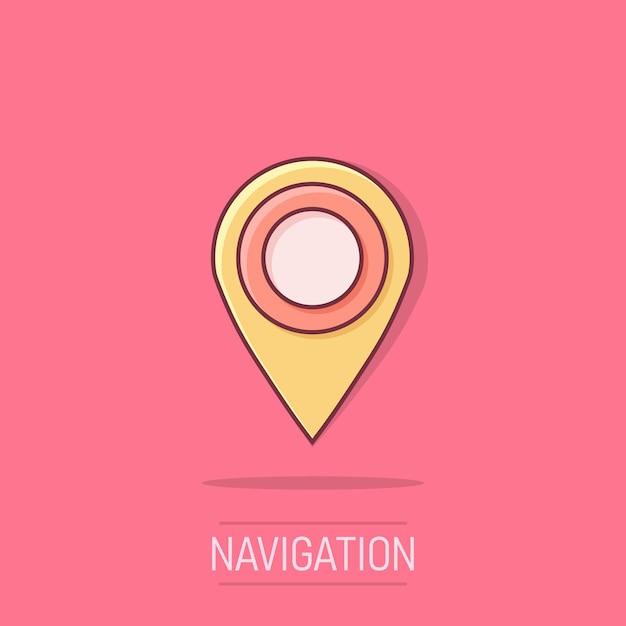 Icono de puntero de mapa de dibujos animados vectoriales en estilo cómico Pictograma de ilustración de marca de navegación GPS Concepto de efecto de salpicadura de negocio de destino de puntero