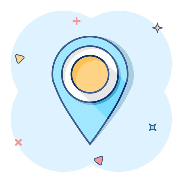 Icono de puntero de mapa de dibujos animados vectoriales en estilo cómico Pictograma de ilustración de marca de navegación GPS Concepto de efecto de salpicadura de negocio de destino de puntero