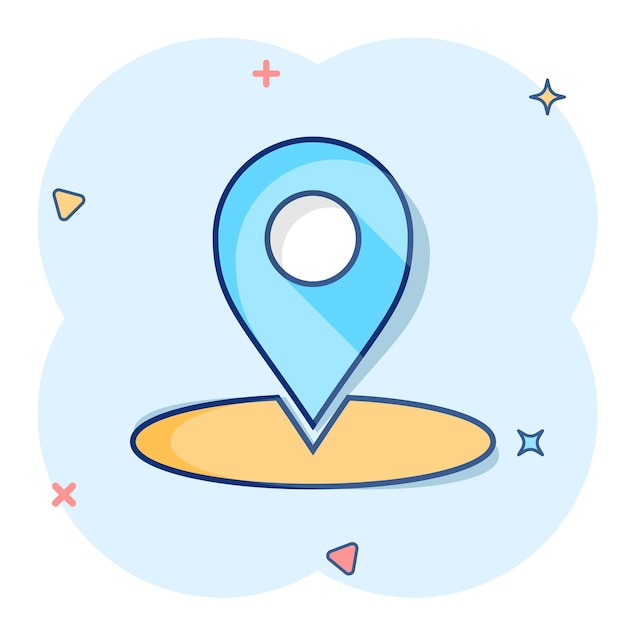 Icono de puntero de mapa de dibujos animados vectoriales en estilo cómico Pictograma de ilustración de marca de navegación GPS Concepto de efecto de salpicadura de negocio de destino de puntero