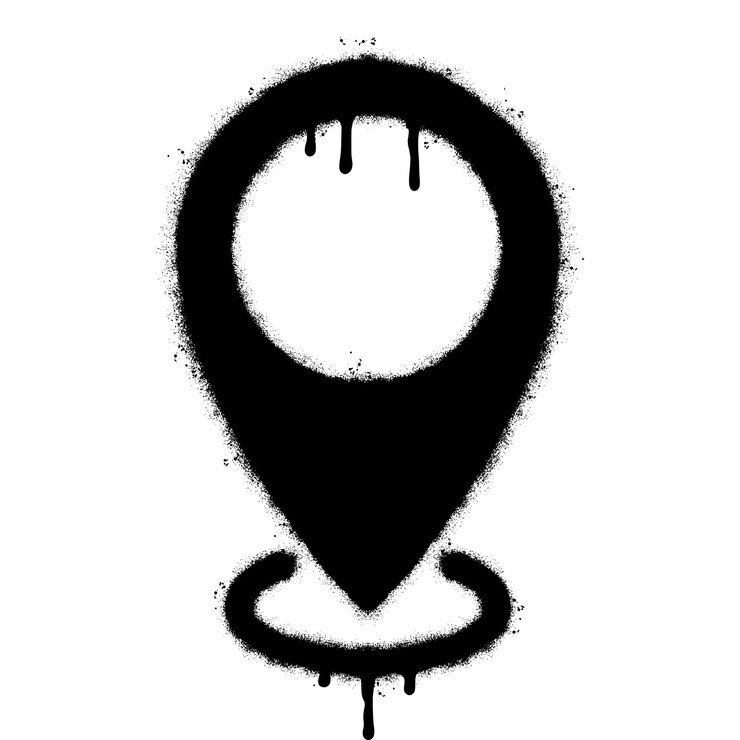Vector icono de puntero de mapa de graffiti pintado con aerosol rociado aislado con un símbolo de ubicación gps de graffiti de fondo blanco con aerosol en negro sobre blanco