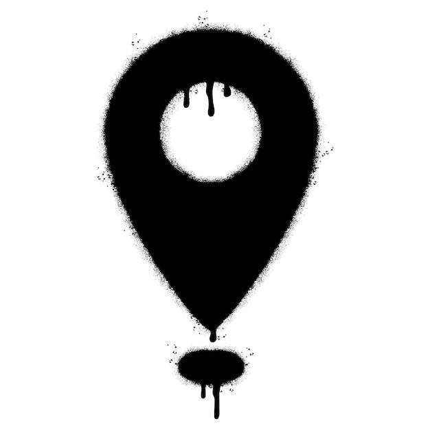 Icono de puntero de mapa de graffiti pintado con aerosol Rociado aislado con un símbolo de ubicación GPS de graffiti de fondo blanco con aerosol en negro sobre blanco