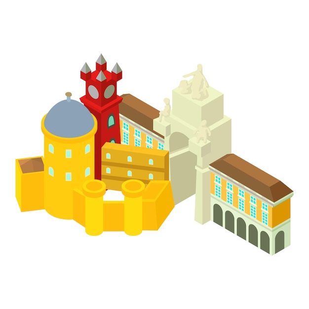 Icono de punto de referencia portugués vector isométrico palacio de pena arco de triunfo en lisboa arquitectura historia cultura