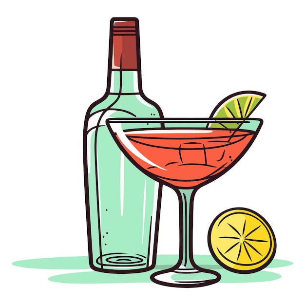 Vector icono que representa una botella y un vaso con vermouth que simboliza bebidas alcohólicas frías en formato vectorial