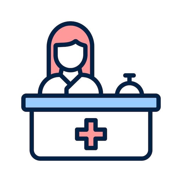 Icono que representa a una recepcionista médica en un escritorio con una campana y una cruz