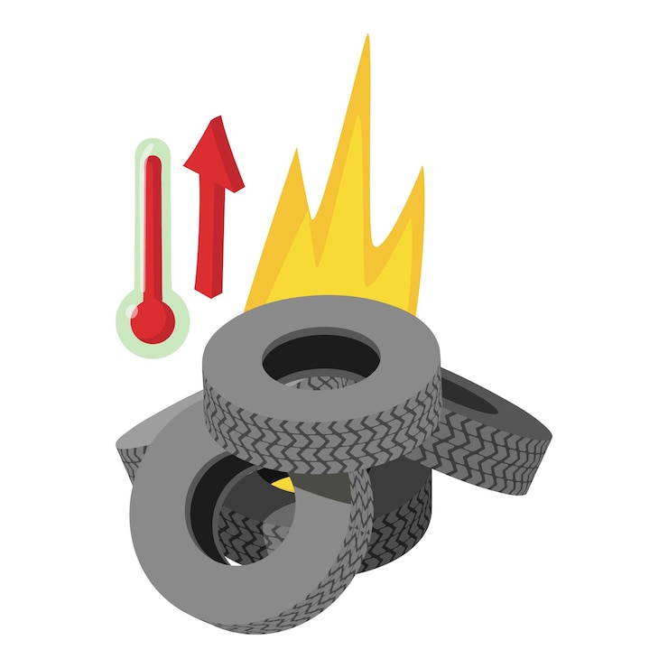 Vector icono de quema de neumáticos vector isométrico quema de neumáticos de coche desgastados y termómetro rojo concepto de contaminación ambiental