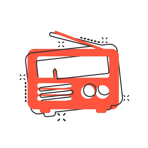 Icono de radio en estilo cómico Ilustración de vector de dibujos animados de transmisión Fm sobre fondo blanco aislado Concepto de negocio de efecto de salpicadura de radiodifusión