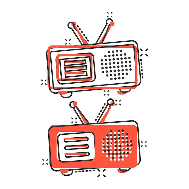 Icono de radio en estilo cómico Ilustración de vector de dibujos animados de transmisión Fm sobre fondo blanco aislado Concepto de negocio de efecto de salpicadura de radiodifusión