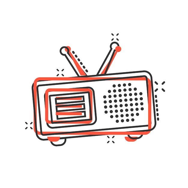 Icono de radio en estilo cómico Ilustración de vector de dibujos animados de transmisión Fm sobre fondo blanco aislado Concepto de negocio de efecto de salpicadura de radiodifusión