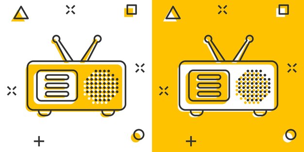 Icono de radio en estilo cómico Ilustración de vector de dibujos animados de transmisión Fm sobre fondo blanco aislado Concepto de negocio de efecto de salpicadura de radiodifusión